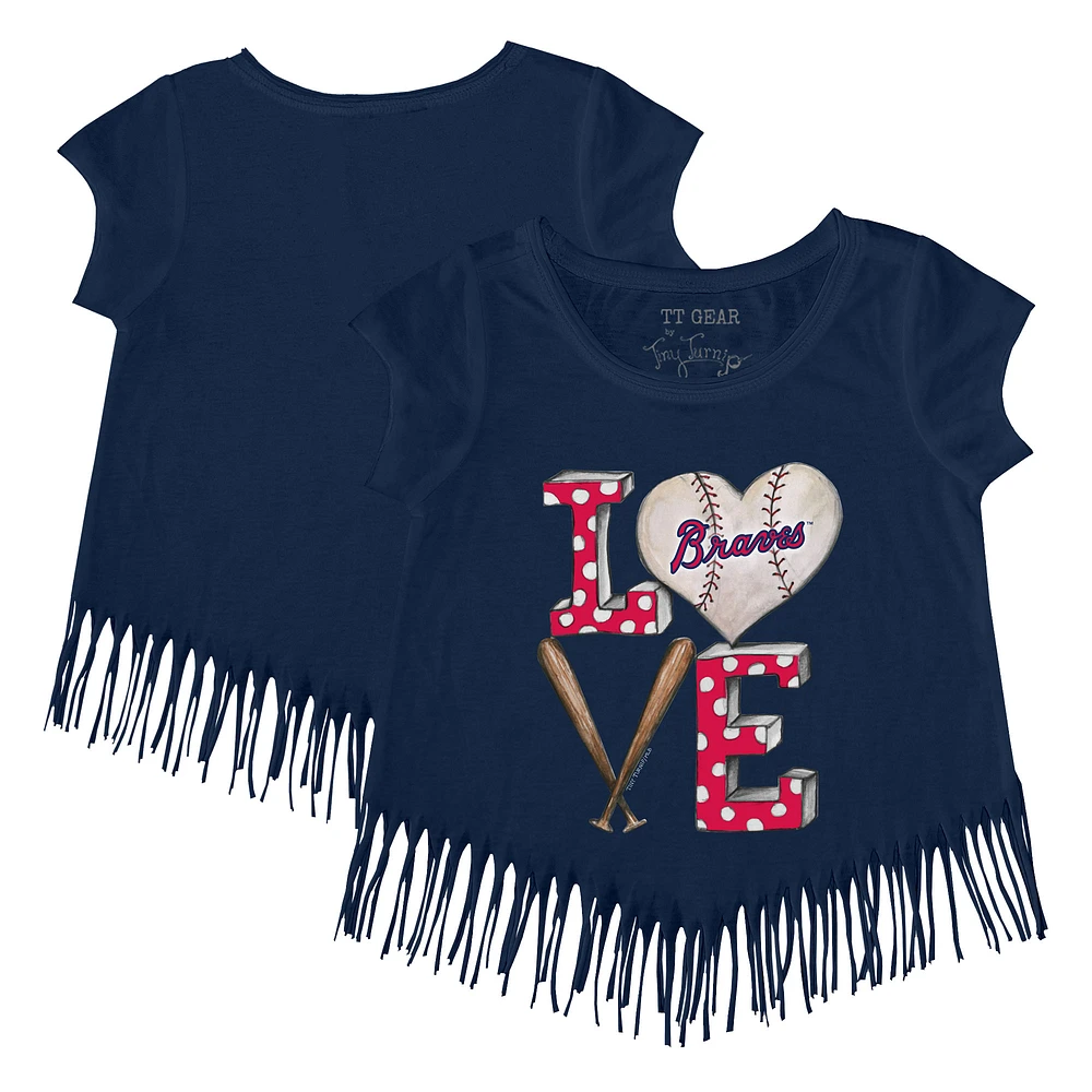 Girls Youth Tiny Turnip Navy Atlanta Braves Baseball Love Fringe T-Shirt