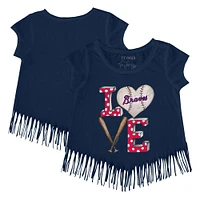 Girls Youth Tiny Turnip Navy Atlanta Braves Baseball Love Fringe T-Shirt