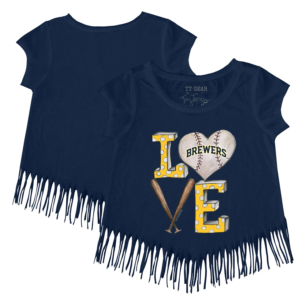 Girls Youth Tiny Turnip Navy Milwaukee Brewers Baseball Love Fringe T-Shirt
