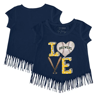 Girls Youth Tiny Turnip Navy Milwaukee Brewers Baseball Love Fringe T-Shirt
