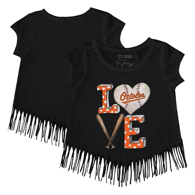 Girls Youth Tiny Turnip Black Baltimore Orioles Baseball Love Fringe T-Shirt
