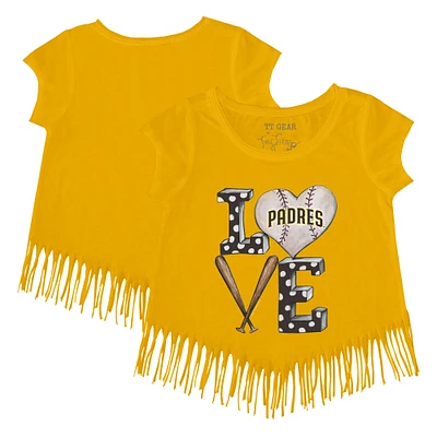 Girls Youth Tiny Turnip Gold San Diego Padres Baseball Love Fringe T-Shirt