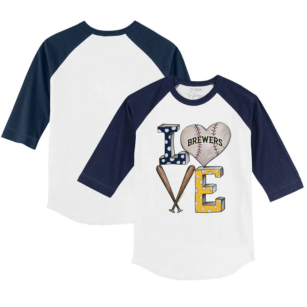 Youth Tiny Turnip White/Navy Milwaukee Brewers Baseball Love 3/4-Sleeve Raglan T-Shirt