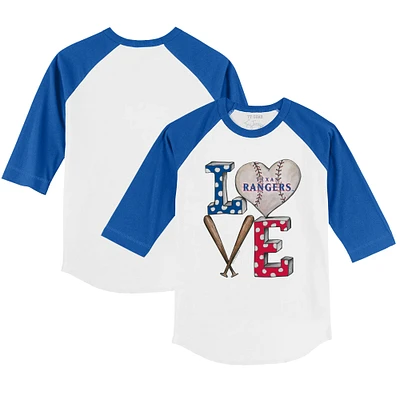 Youth Tiny Turnip White/Royal Texas Rangers Baseball Love 3/4-Sleeve Raglan T-Shirt
