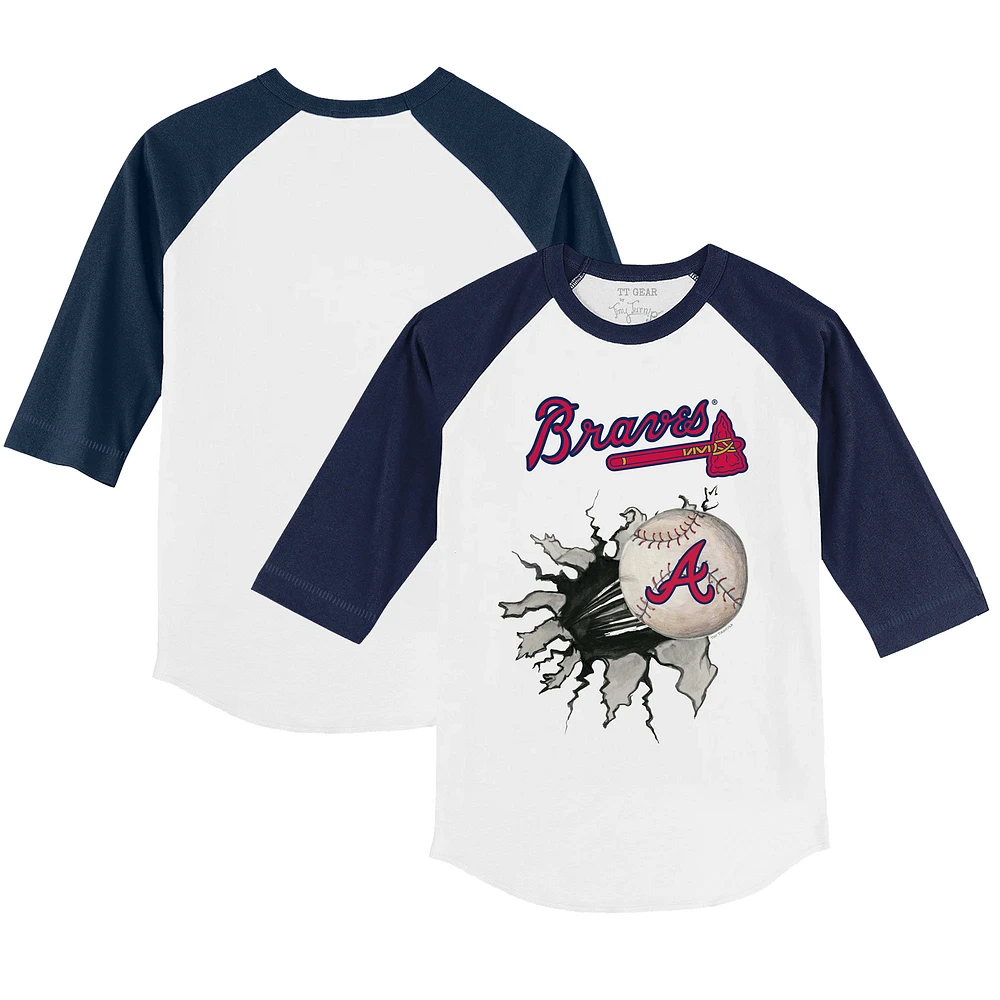Youth Tiny Turnip White/Navy Atlanta Braves Baseball Tear 3/4-Sleeve Raglan T-Shirt