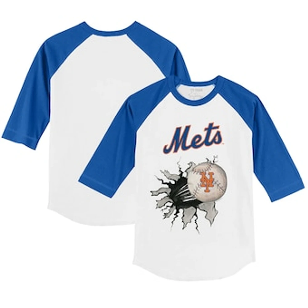 Youth Tiny Turnip White/Royal New York Mets Baseball Tear 3/4-Sleeve Raglan T-Shirt