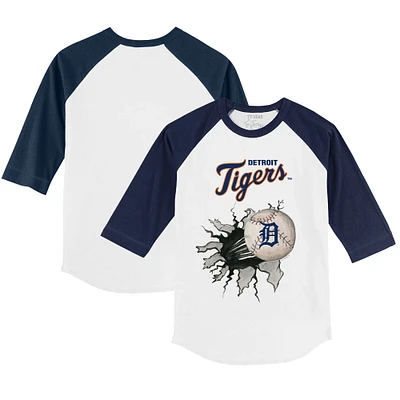 Youth Tiny Turnip White/Navy Detroit Tigers Baseball Tear 3/4-Sleeve Raglan T-Shirt