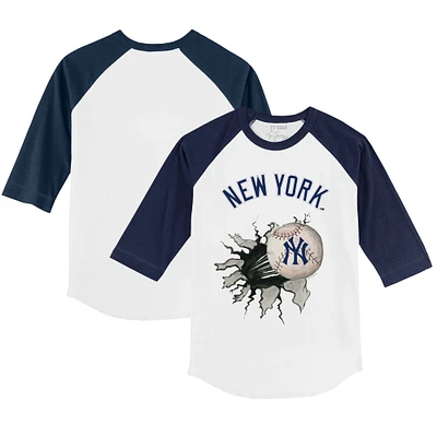 Youth Tiny Turnip White/Navy New York Yankees Baseball Tear 3/4-Sleeve Raglan T-Shirt