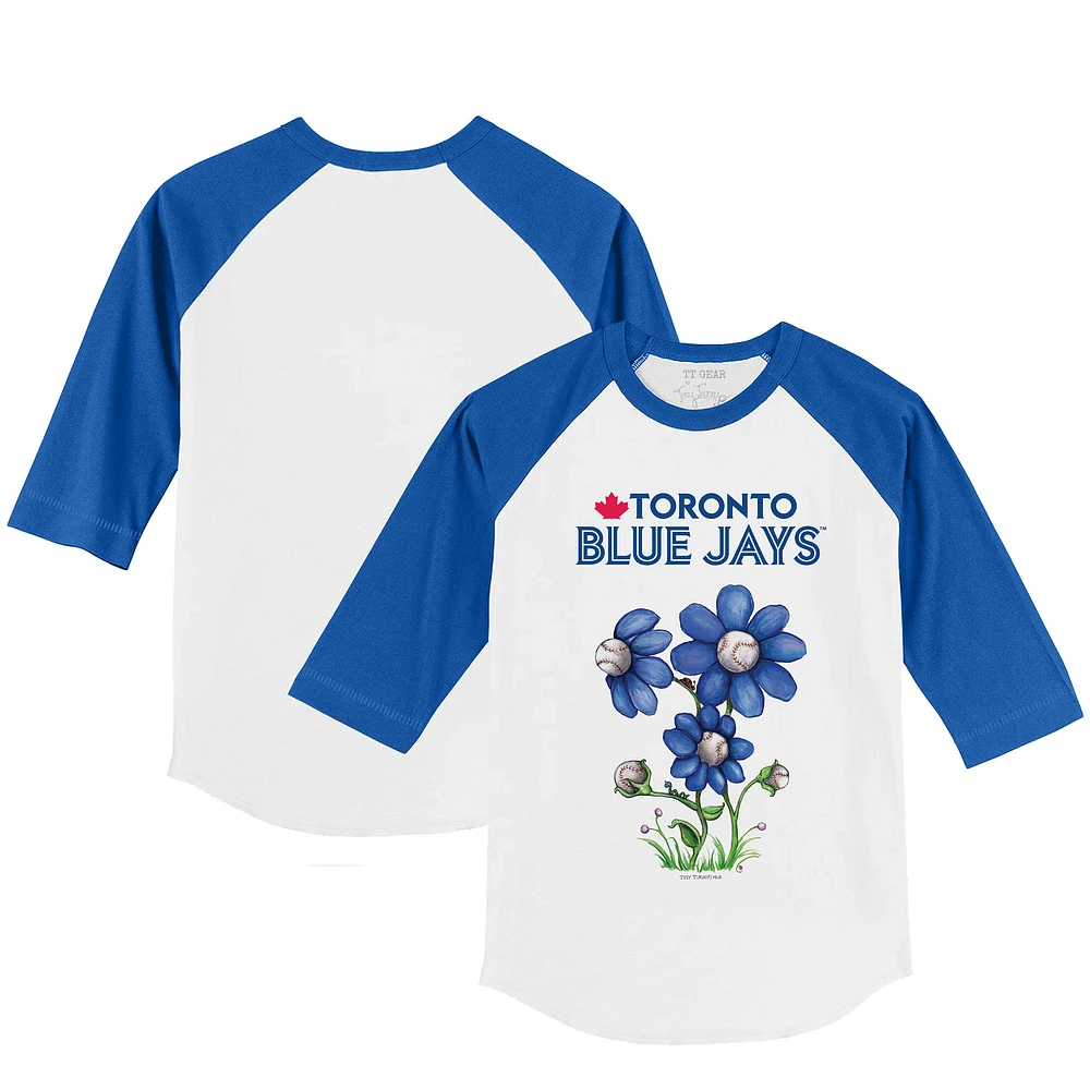 Youth Tiny Turnip White/Royal Toronto Blue Jays Blooming Baseballs 3/4-Sleeve Raglan T-Shirt
