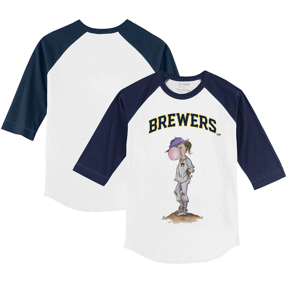 Youth Tiny Turnip White/Navy Milwaukee Brewers Bubbles 3/4-Sleeve Raglan T-Shirt