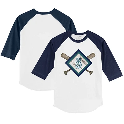 Youth Tiny Turnip White/Navy Seattle Mariners Diamond Cross Bats 3/4-Sleeve Raglan T-Shirt