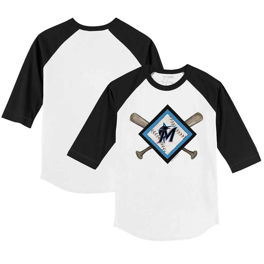 Youth Tiny Turnip White/Black Miami Marlins Diamond Cross Bats 3/4-Sleeve Raglan T-Shirt