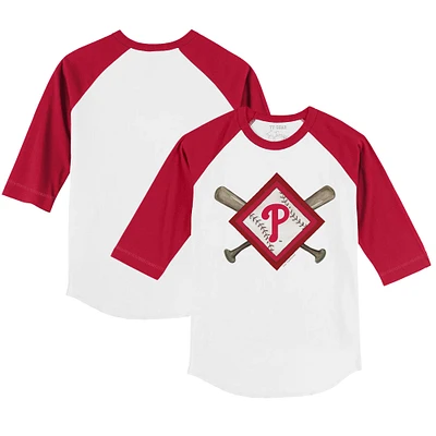 Youth Tiny Turnip White/Red Philadelphia Phillies Diamond Cross Bats 3/4-Sleeve Raglan T-Shirt