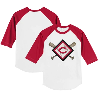 Youth Tiny Turnip White/Red Cincinnati Reds Diamond Cross Bats 3/4-Sleeve Raglan T-Shirt