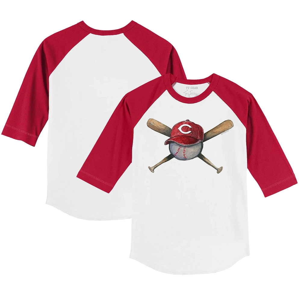 Youth Tiny Turnip White/Red Cincinnati Reds Hat Crossbats 3/4-Sleeve Raglan T-Shirt