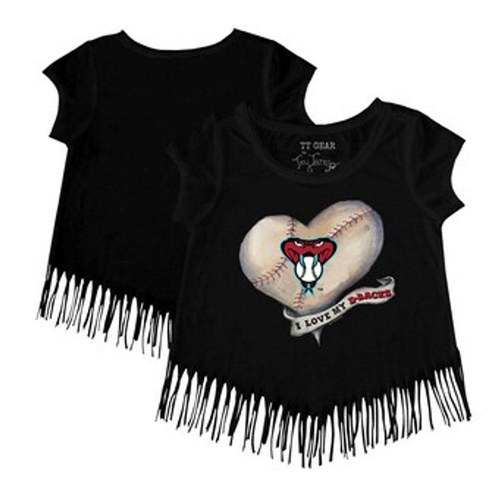 Girls Youth Tiny Turnip Black Arizona Diamondbacks Heart Banner Fringe T-Shirt