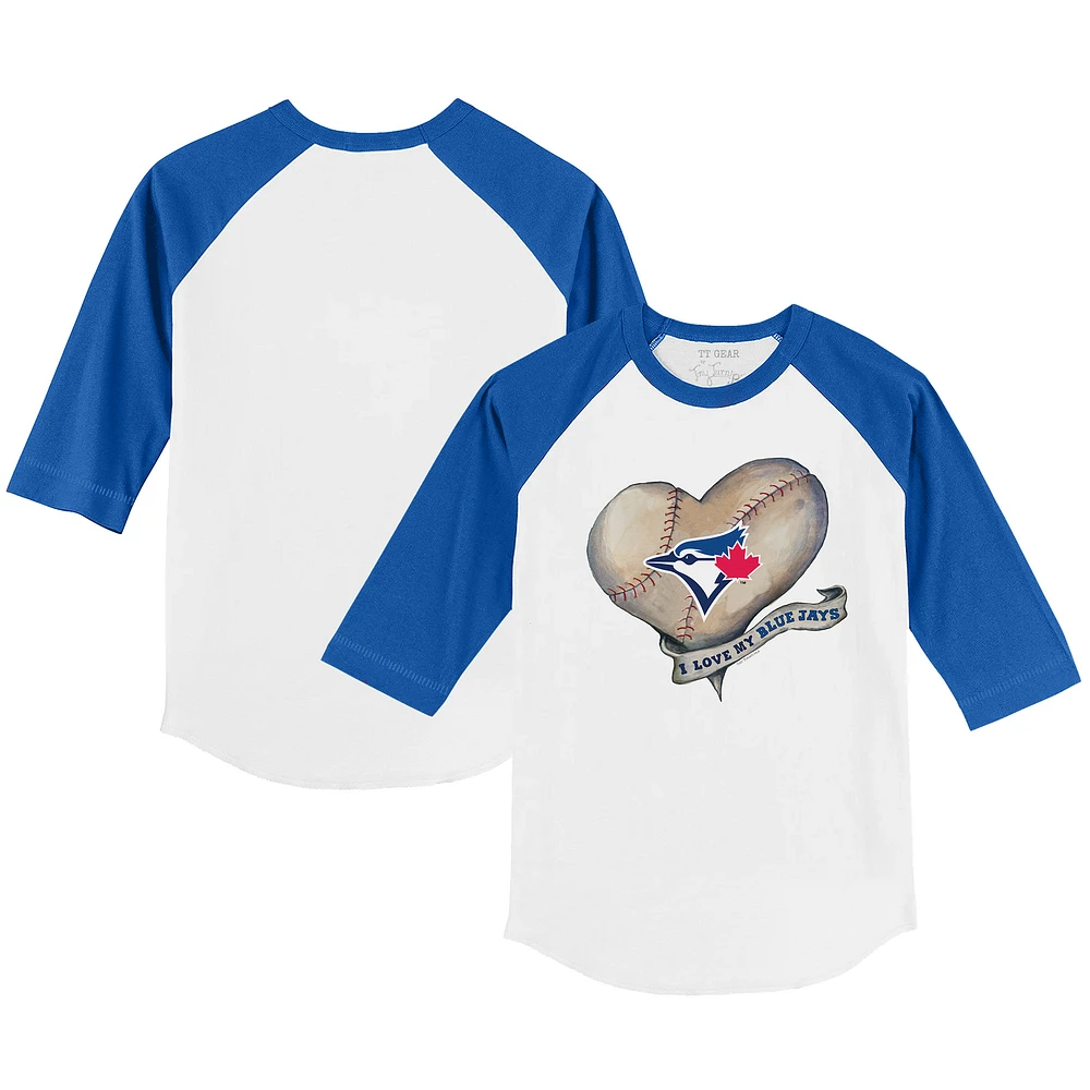 Youth Tiny Turnip White/Royal Toronto Blue Jays Heart Banner 3/4-Sleeve Raglan T-Shirt