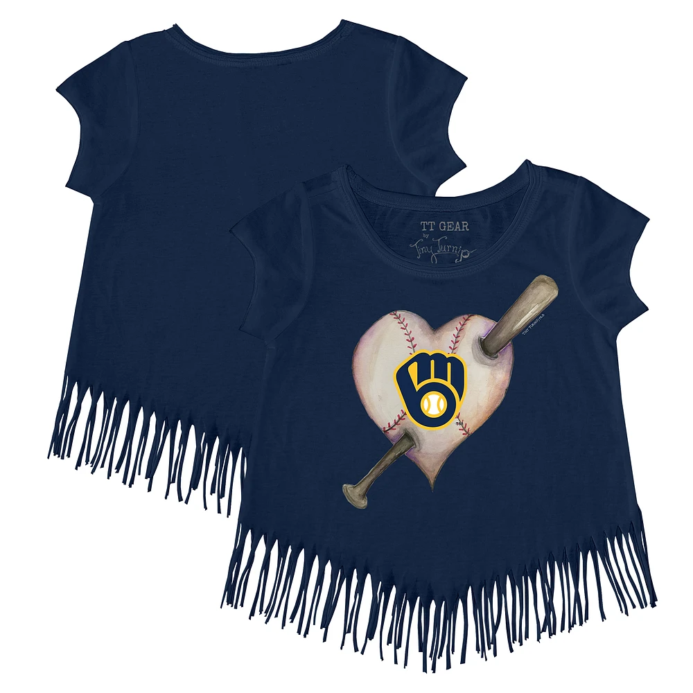 Girls Youth Tiny Turnip Navy Milwaukee Brewers Heart Bat Fringe T-Shirt