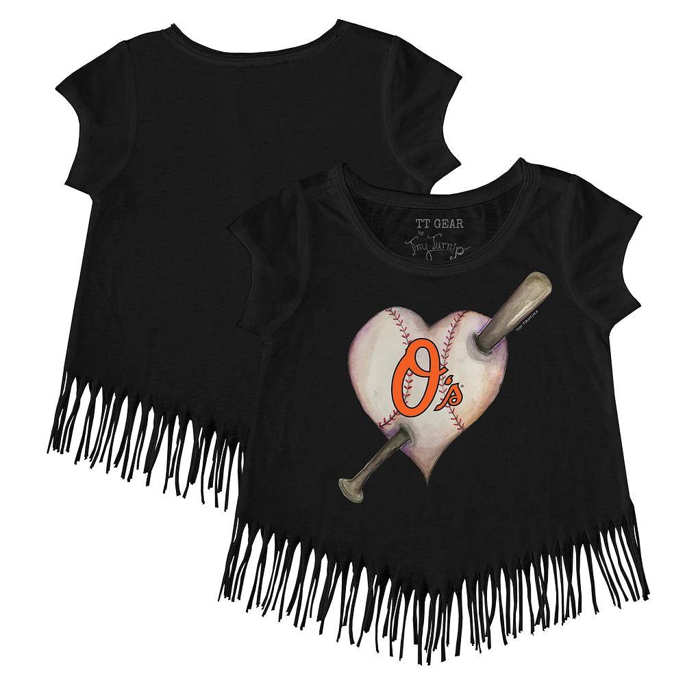 Girls Youth Tiny Turnip Black Baltimore Orioles Heart Bat Fringe T-Shirt
