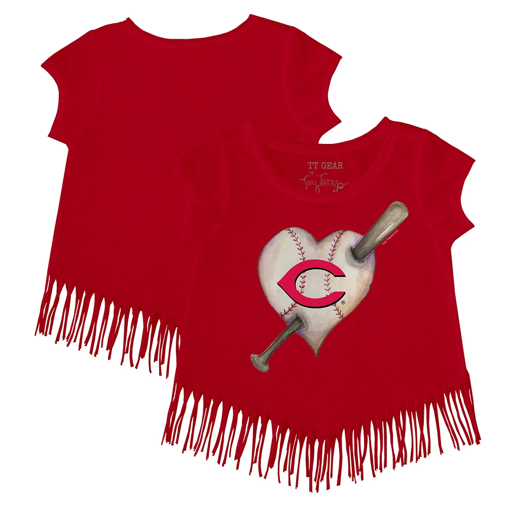 Girls Youth Tiny Turnip Red Cincinnati Reds Heart Bat Fringe T-Shirt