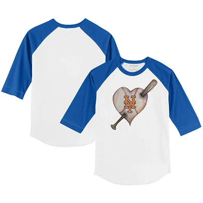 Youth Tiny Turnip White/Royal New York Mets Heart Bat 3/4-Sleeve Raglan T-Shirt