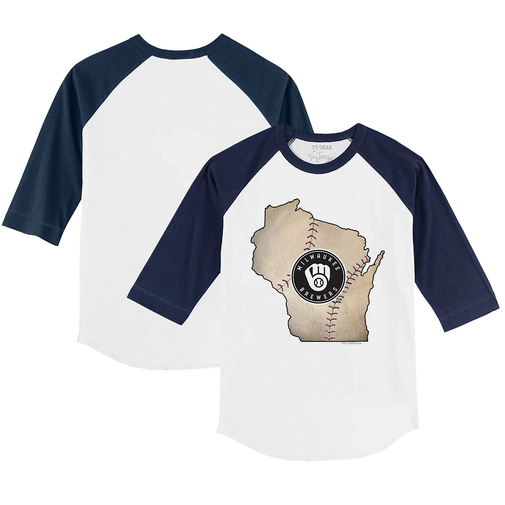 Youth Tiny Turnip White/Navy Milwaukee Brewers State Outline 3/4-Sleeve Raglan T-Shirt
