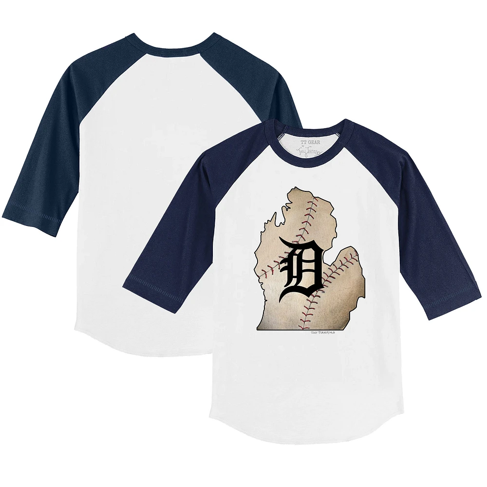 Youth Tiny Turnip White/Navy Detroit Tigers State Outline 3/4-Sleeve Raglan T-Shirt
