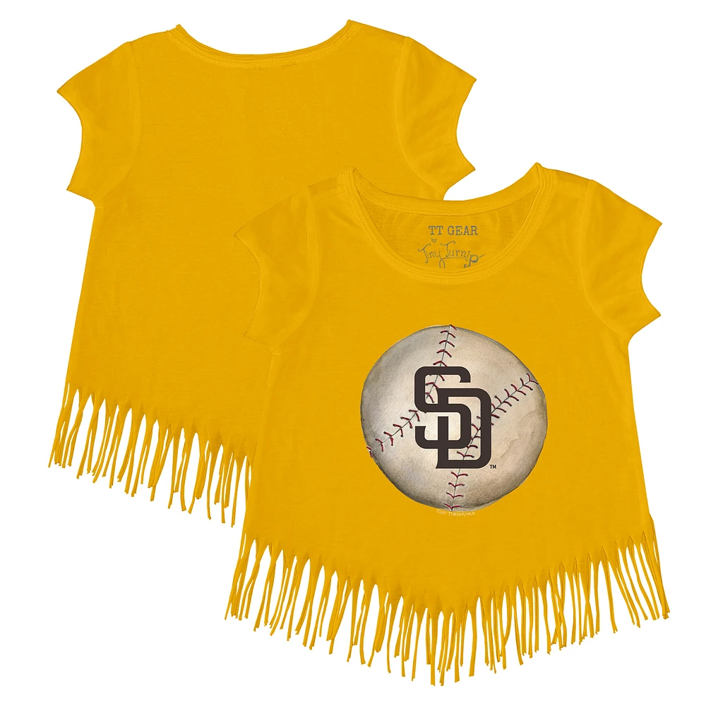 Girls Youth Tiny Turnip Gold San Diego Padres Stitched Baseball Fringe T-Shirt
