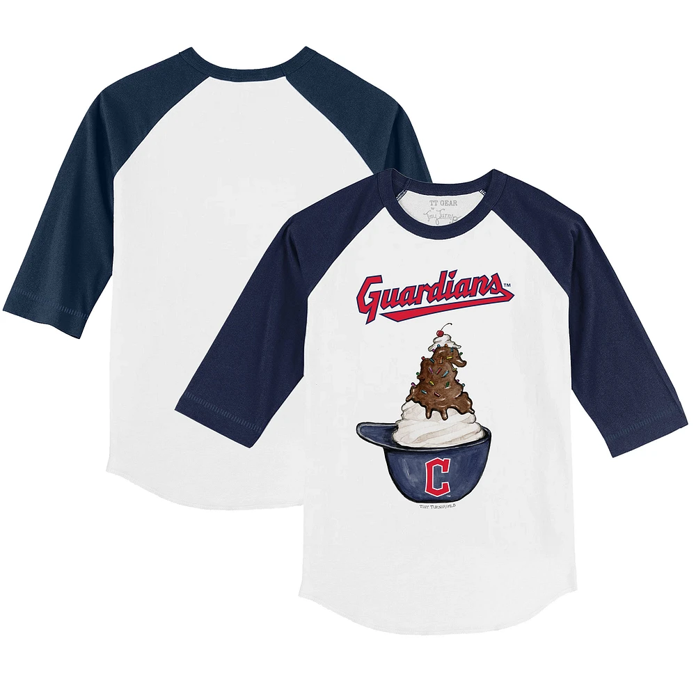 Youth Tiny Turnip White/Navy Cleveland Guardians Sundae Helmet 3/4-Sleeve Raglan T-Shirt