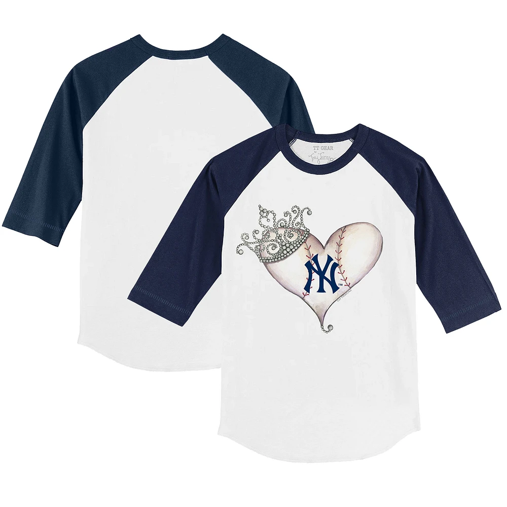 Youth Tiny Turnip White/Navy New York Yankees Tiara Heart 3/4-Sleeve Raglan T-Shirt