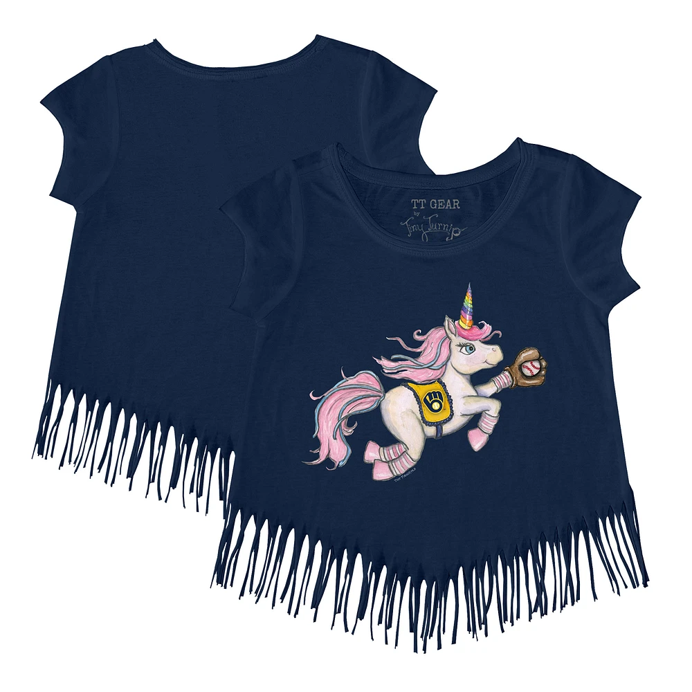 Girls Youth Tiny Turnip Navy Milwaukee Brewers Unicorn Fringe T-Shirt