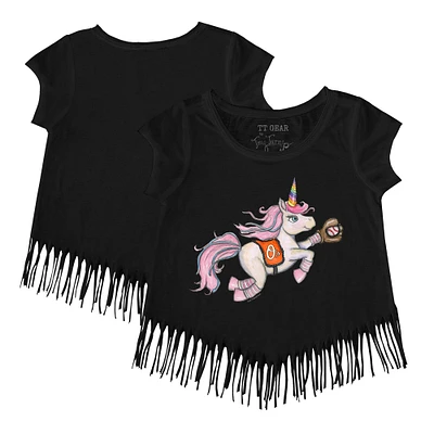 Girls Youth Tiny Turnip Black Baltimore Orioles Unicorn Fringe T-Shirt