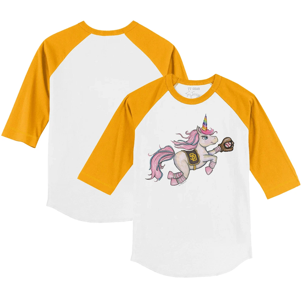 Youth Tiny Turnip White/Gold San Diego Padres Unicorn 3/4-Sleeve Raglan T-Shirt