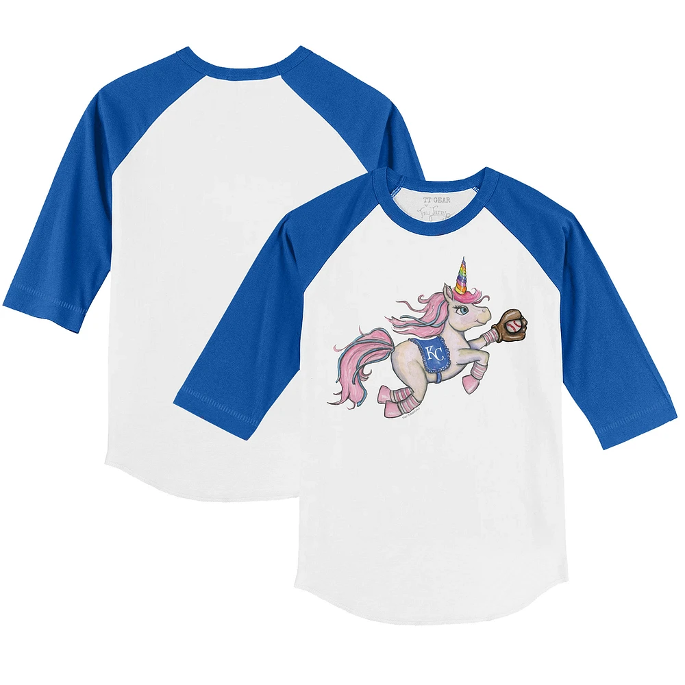 Youth Tiny Turnip White/Royal Kansas City Royals Unicorn 3/4-Sleeve Raglan T-Shirt