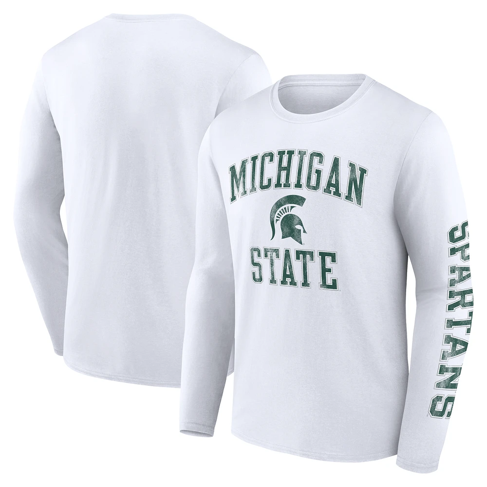 Men's Fanatics White Michigan State Spartans Distressed Arch Over Logo Long Sleeve T-Shirt