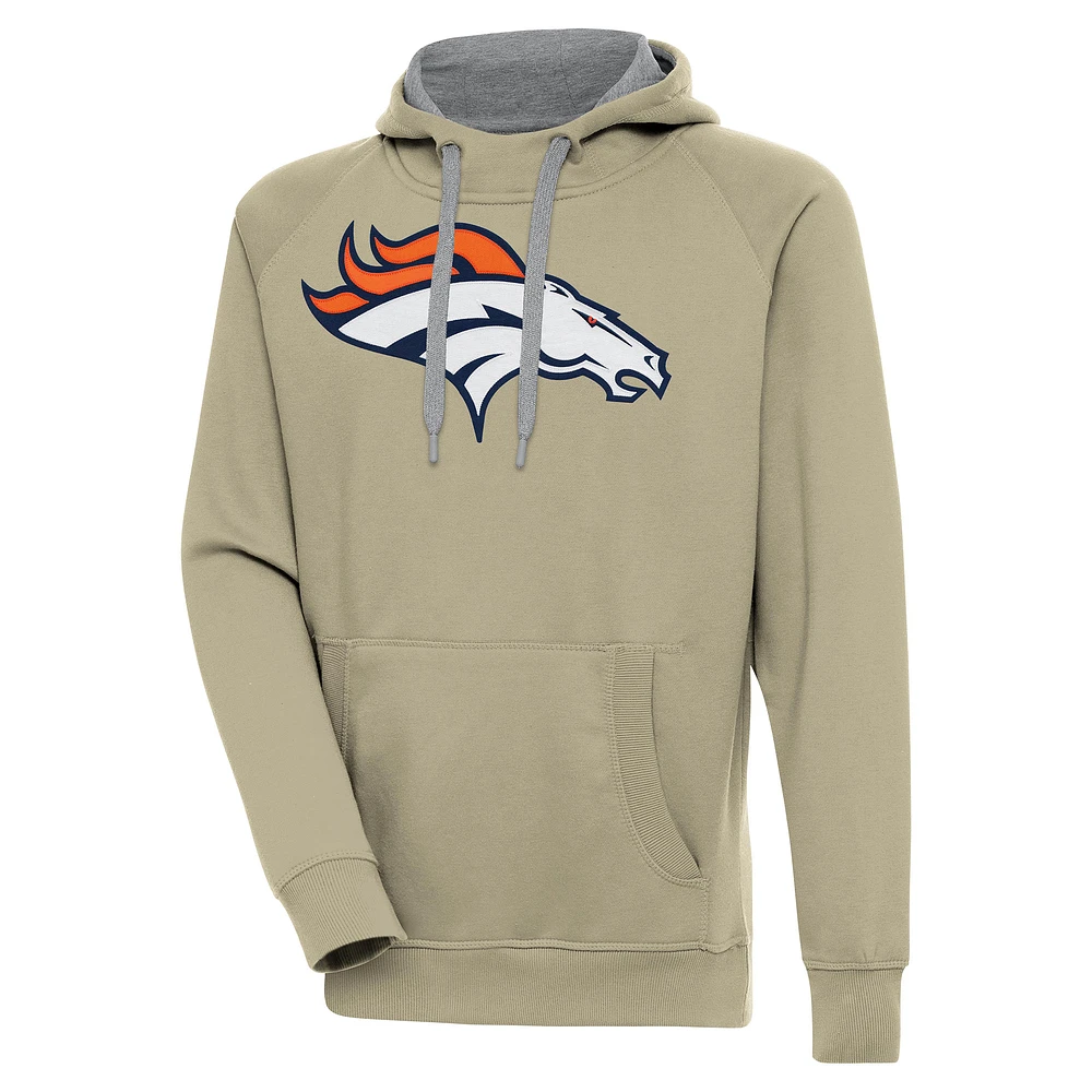 Men's Antigua Khaki Denver Broncos Primary Logo Victory Pullover Hoodie