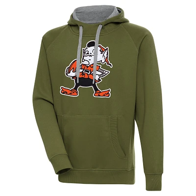 Men's Antigua Olive Cleveland Browns Primary Logo Victory Pullover Hoodie