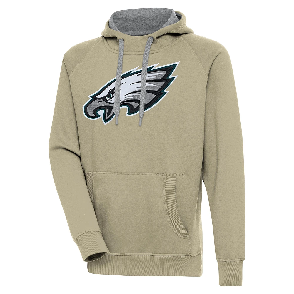 Men's Antigua Khaki Philadelphia Eagles Primary Logo Victory Pullover Hoodie