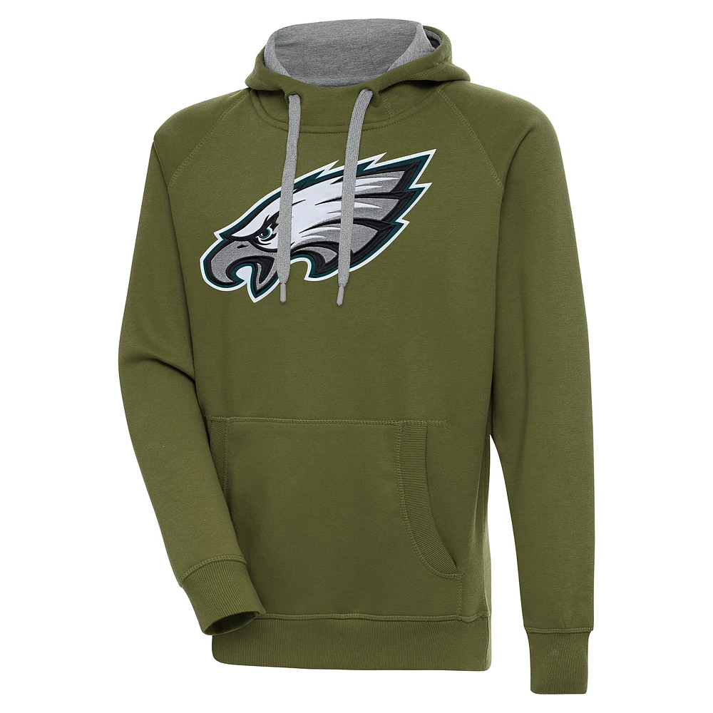 Men's Antigua Olive Philadelphia Eagles Primary Logo Victory Pullover Hoodie