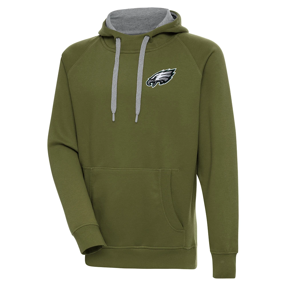 Men's Antigua Olive Philadelphia Eagles Victory Pullover Hoodie