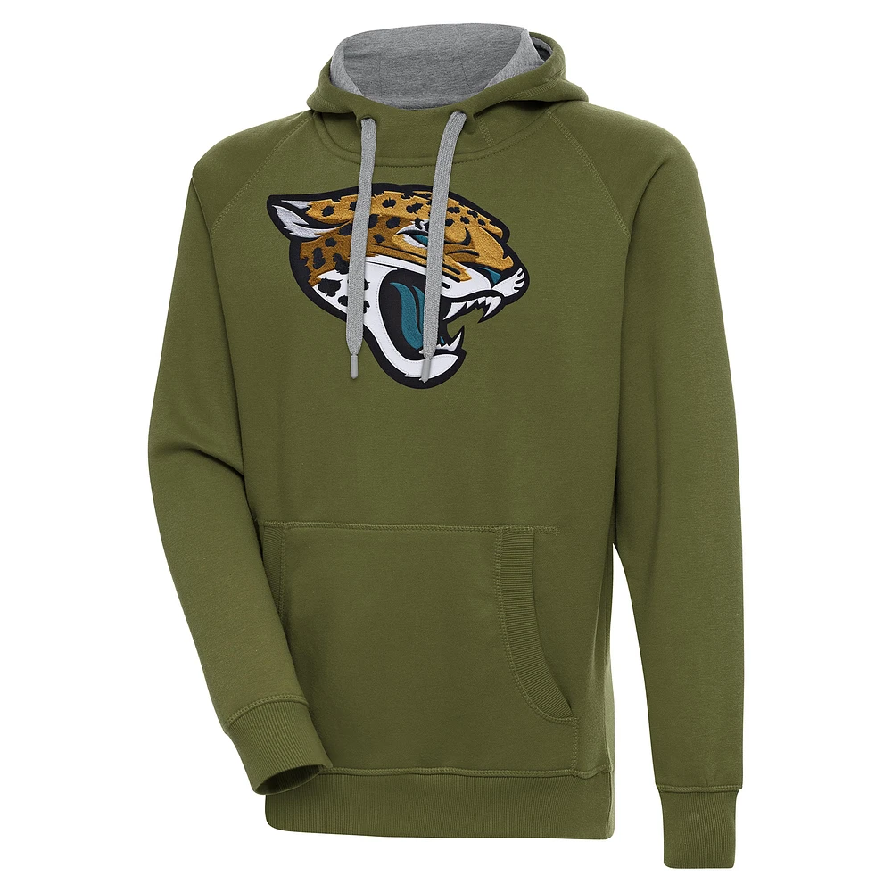 Men's Antigua Olive Jacksonville Jaguars Primary Logo Victory Pullover Hoodie