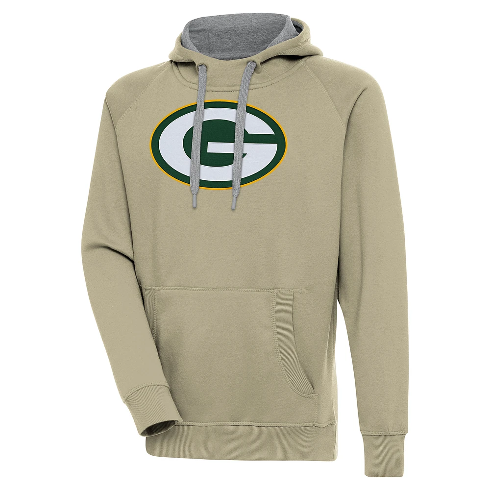 Men's Antigua Khaki Green Bay Packers Primary Logo Victory Pullover Hoodie