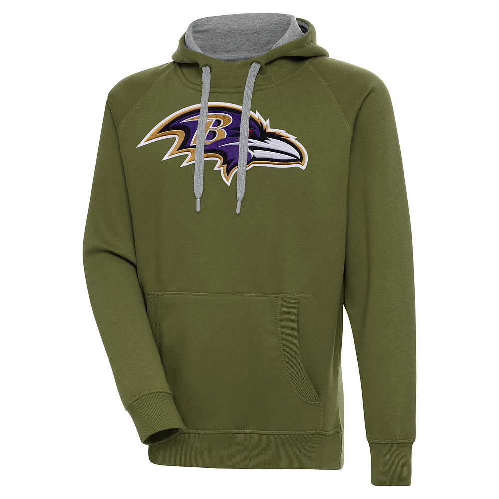 Men's Antigua Olive Baltimore Ravens Primary Logo Victory Pullover Hoodie