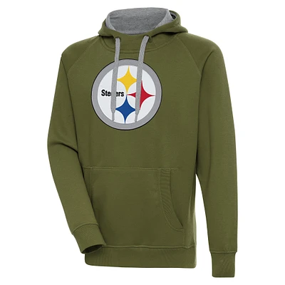 Men's Antigua Olive Pittsburgh Steelers Primary Logo Victory Pullover Hoodie