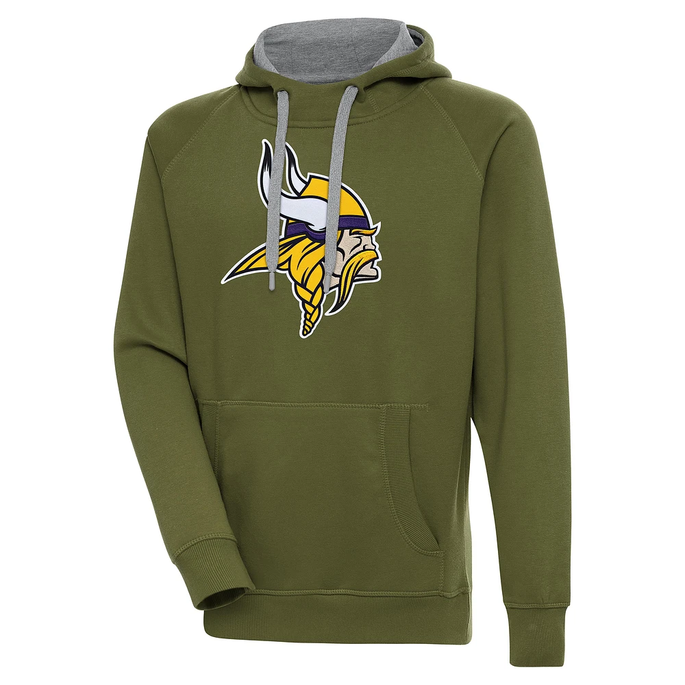 Men's Antigua Olive Minnesota Vikings Primary Logo Victory Pullover Hoodie