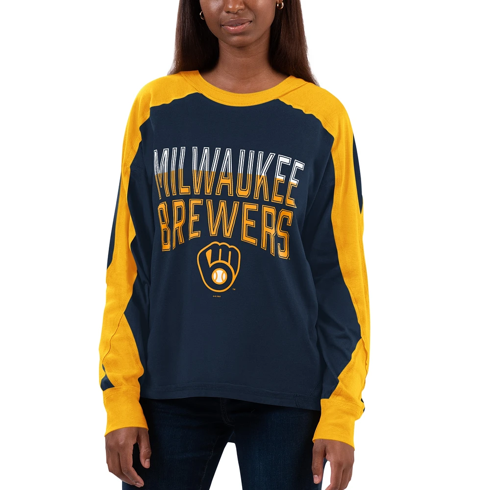 Women's G-III 4Her by Carl Banks Navy/Gold Milwaukee Brewers Smash Raglan Long Sleeve T-Shirt
