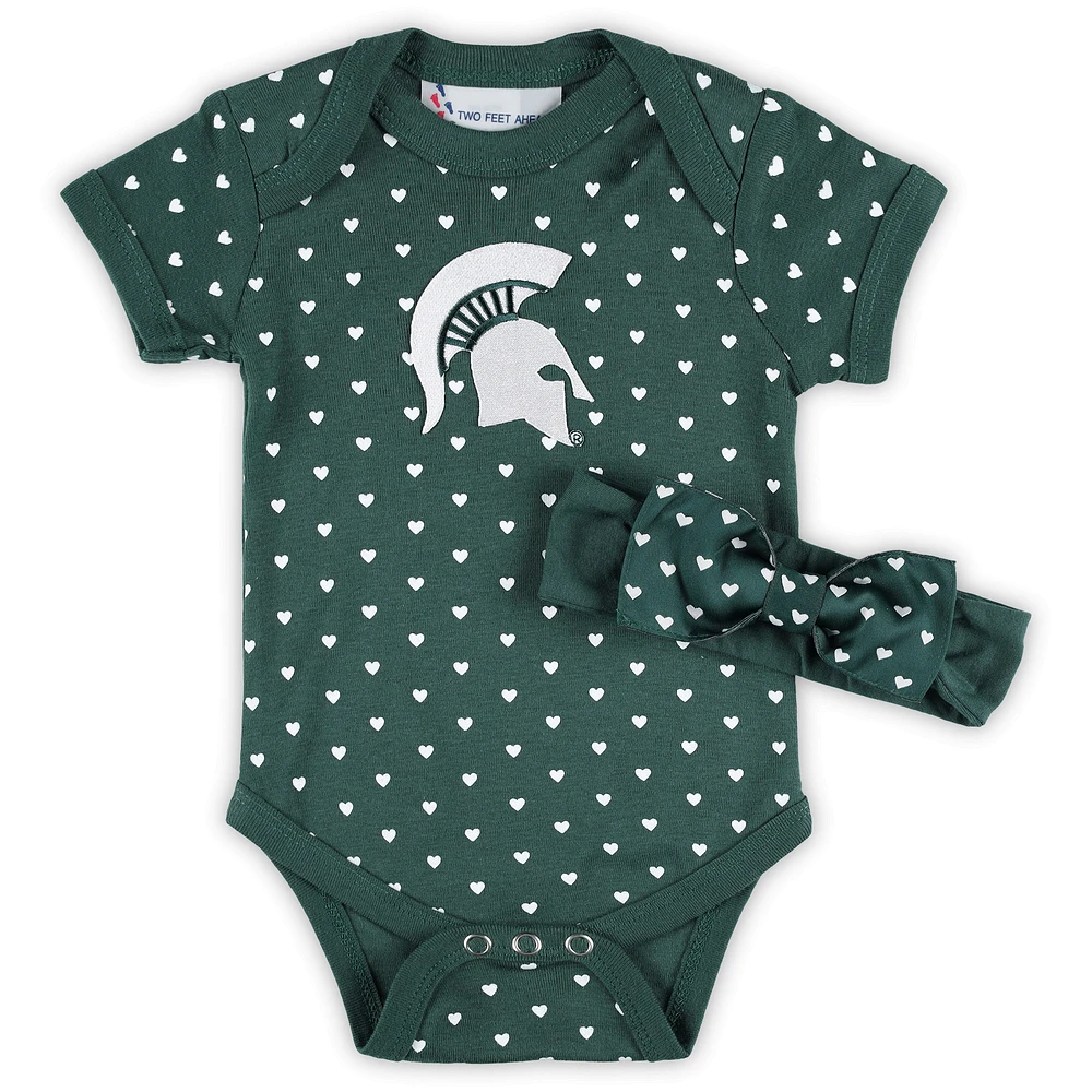 Girls Newborn & Infant Two Feet Ahead Green Michigan State Spartans Hearts Bodysuit & Headband Set
