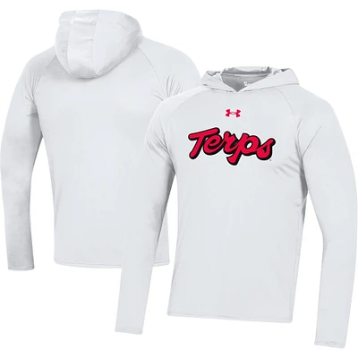 Men's Under Armour White Maryland Terrapins School Logo Raglan Long Sleeve Hoodie Performance T-Shirt