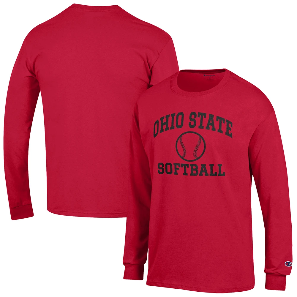Men's Champion Scarlet Ohio State Buckeyes Softball Icon Long Sleeve T-Shirt