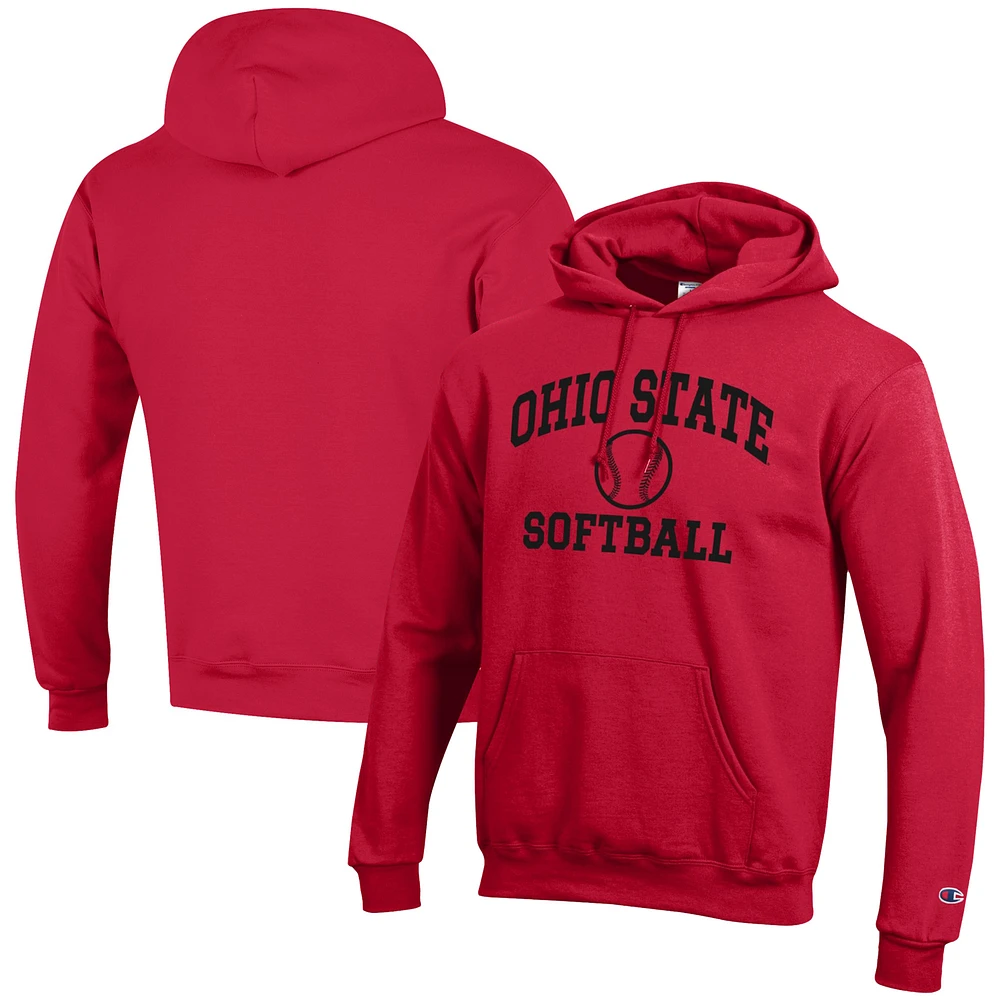 Men's Champion Scarlet Ohio State Buckeyes Softball Icon Powerblend Pullover Hoodie